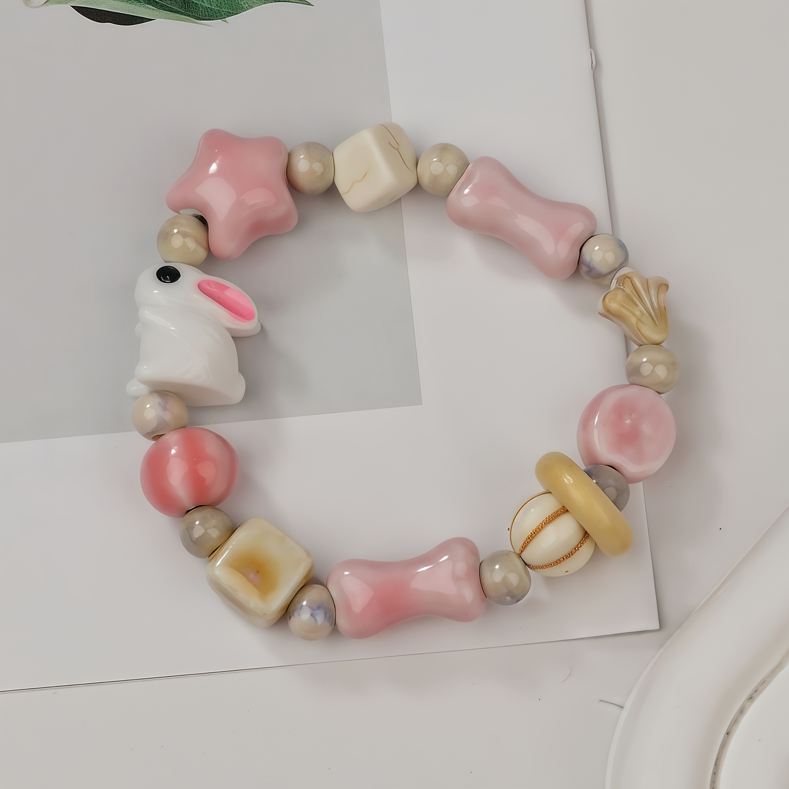 Vintage Style Ceramic Rabbit & Elephant Beaded Bracelet